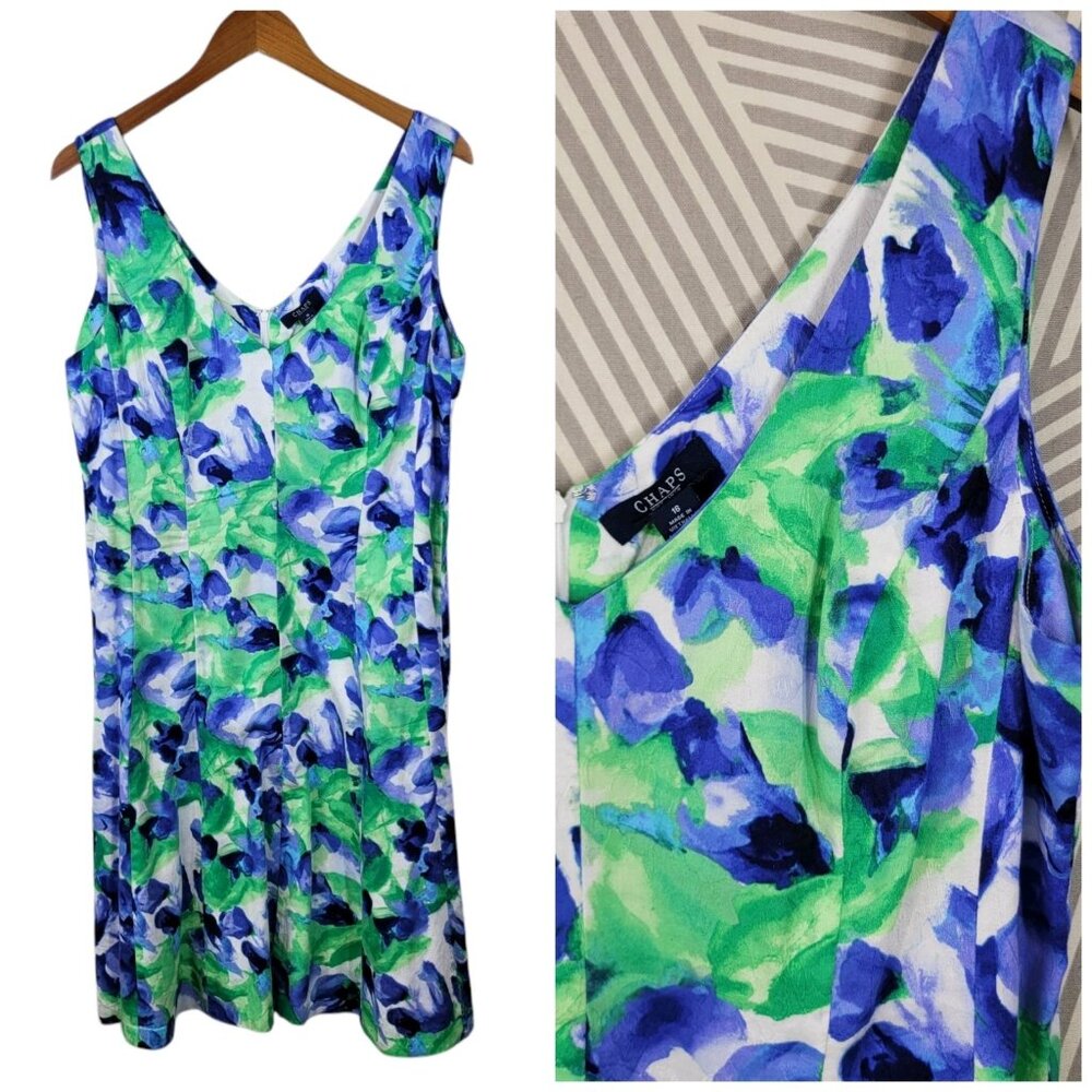 Chaps Slip Dress Size 18 Ralph Lauren Floral Flare Knee Length Blue Green Spring